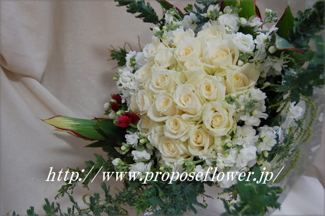 白バラとストック 白と緑の花束 ドイツマイスターの花束専門店 プロポーズフラワーショップ