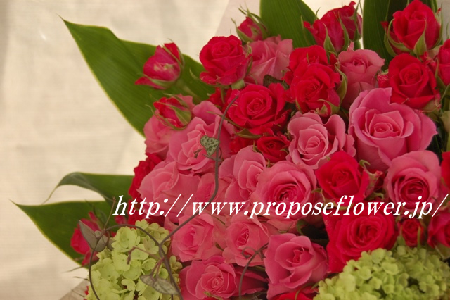 スノーボールと薔薇の花束 ピンク グリーン ドイツマイスターの花束専門店 プロポーズフラワーショップ