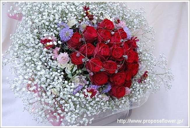 かすみ草と赤いバラのプロポーズ ドイツマイスターの花束専門店 プロポーズフラワーショップ