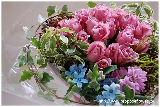 ピンクの薔薇とブルースターの花束 ドイツマイスターの花束専門店 プロポーズフラワーショップ