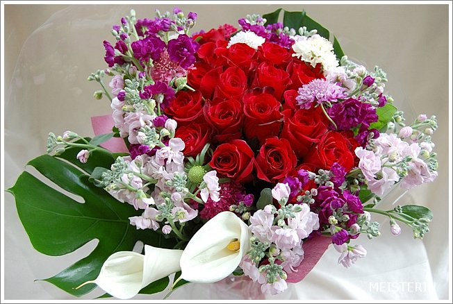 赤 白 紫の花束 ドイツマイスターの花束専門店 プロポーズフラワーショップ