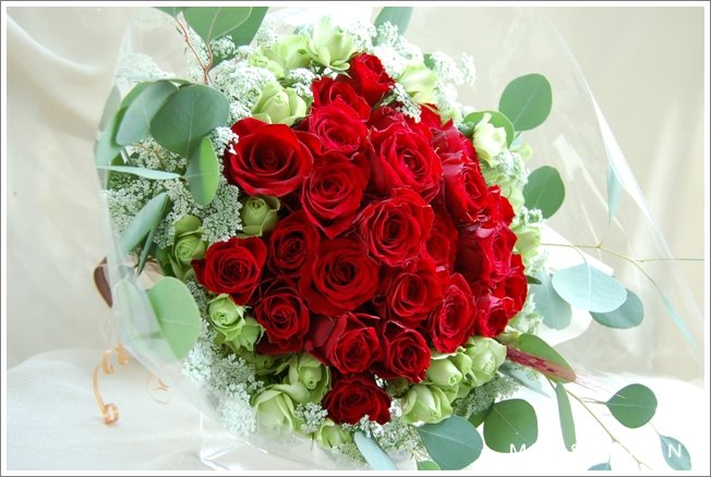 赤とグリーンのバラの花束 ドイツマイスターの花束専門店 プロポーズフラワーショップ